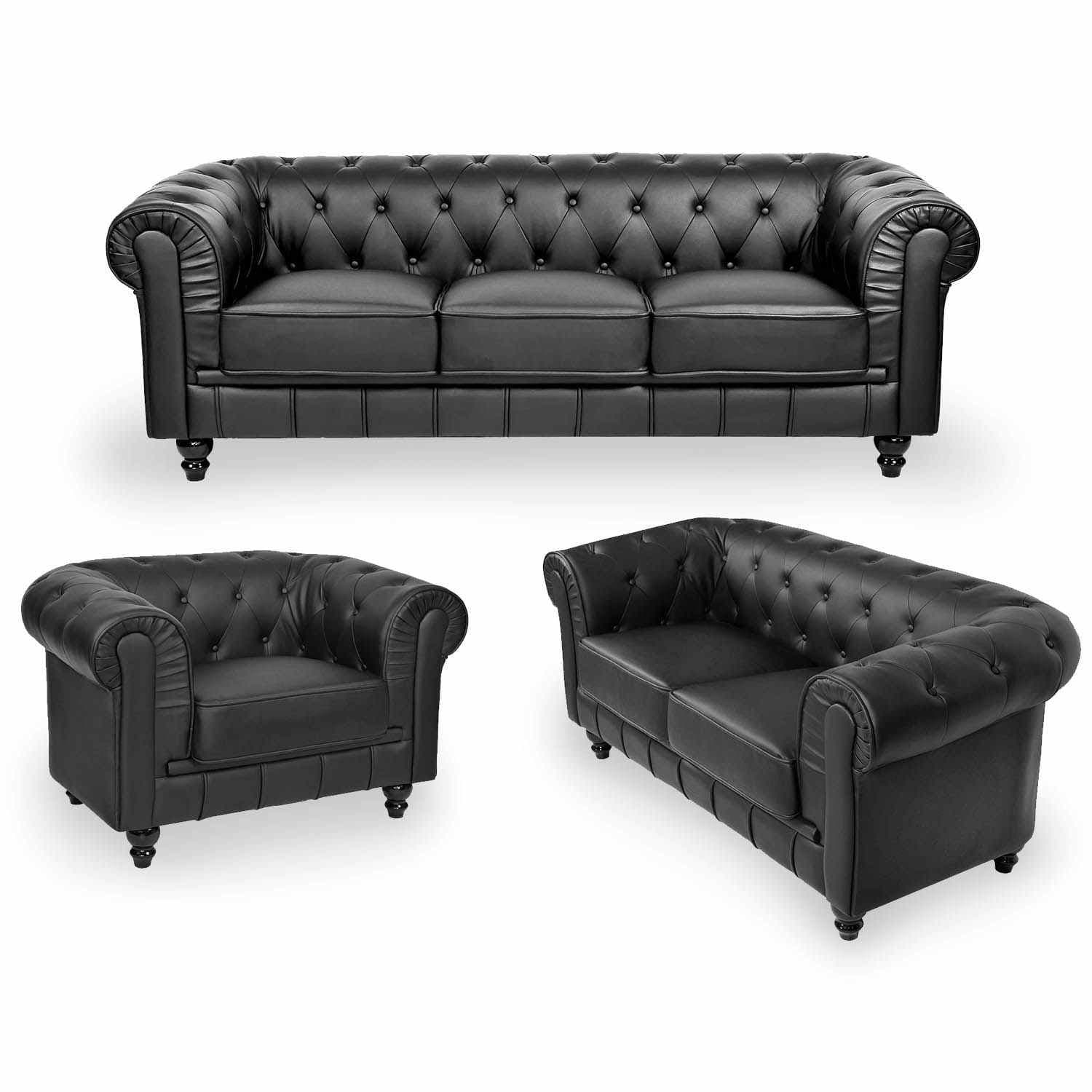 Ensemble Canapé 3+2+1 Places Noir Chesterfield