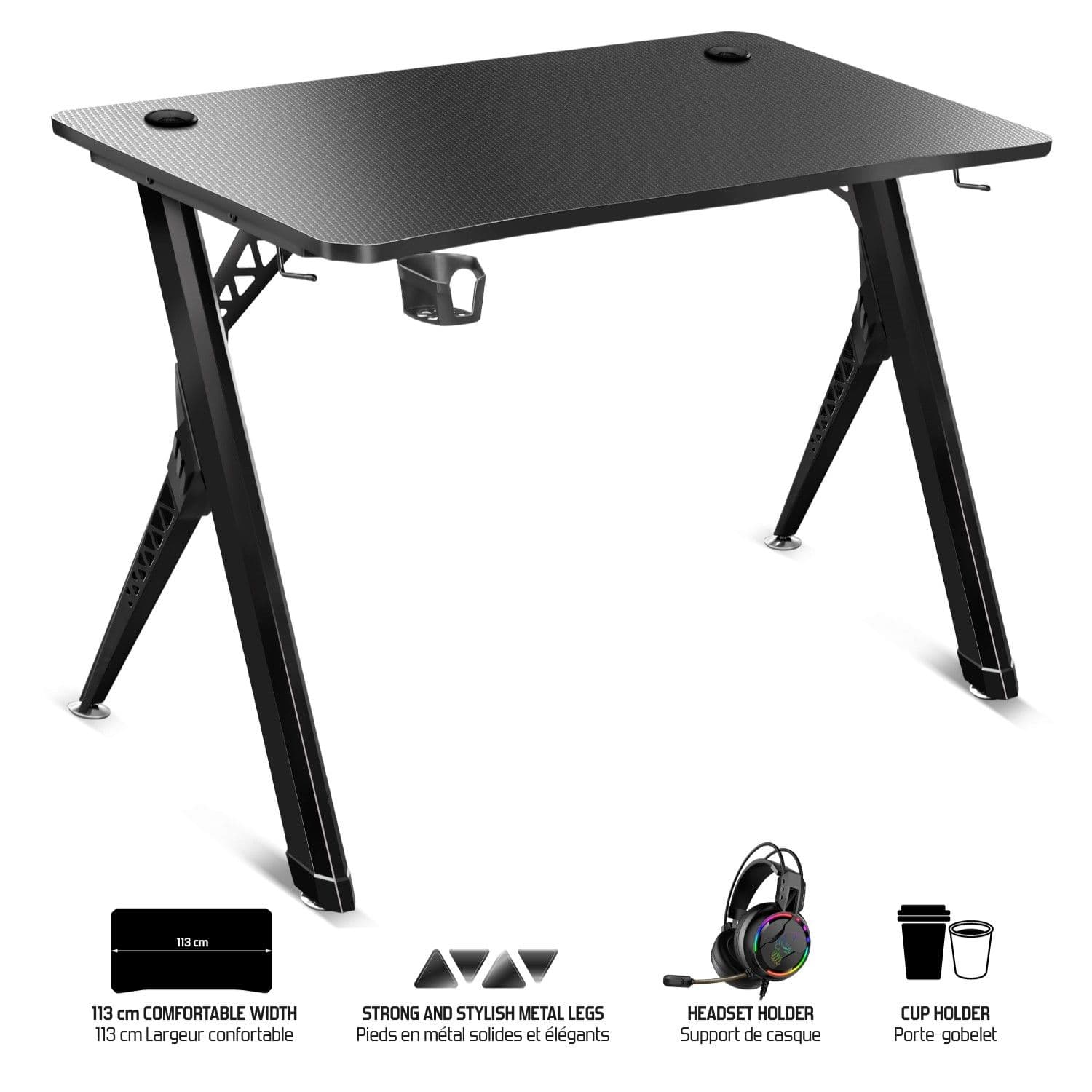 Bureau Gaming Headquarter 200 - Design Futuriste - 4 Pieds Réglables - Effet Carbone - Plateau Xl...