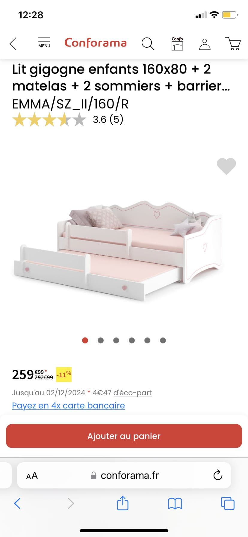 Lit Gigogne Enfants + Sommiers + Matelas + Barre De Sécurité Modèle Coeur