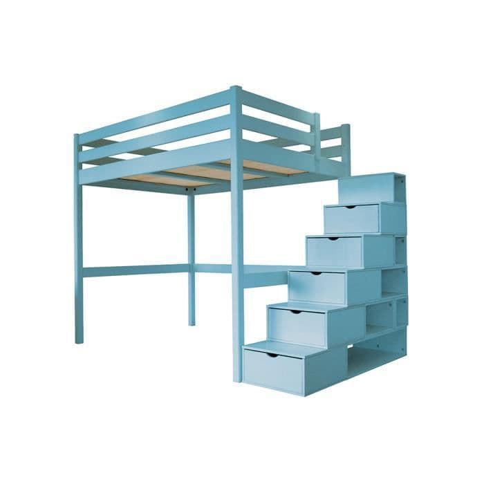 Lit Mezzanine Sylvia avec escalier cube bois - Couleur - Bleu Pastel, Dimensions - 140x200