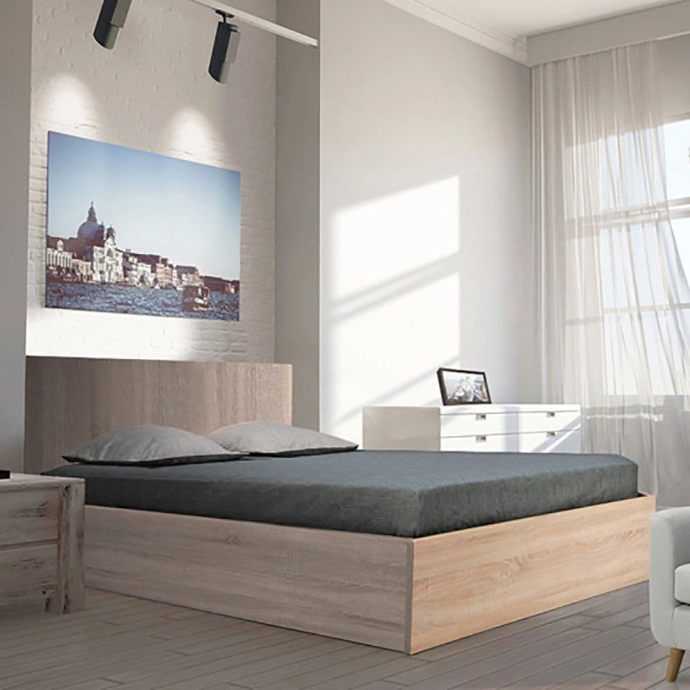 Lit coffre MADRID 140x190 + 1 sommier + 1 matelas mémoire de forme / Chêne Blanchi/ 197x152x85 cm