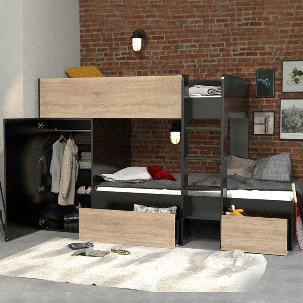 Lit superposé TWIN 90x190 avec armoire et tiroirs + 2 sommiers / Noir et Chêne blanchi/ 252x111x145 cm