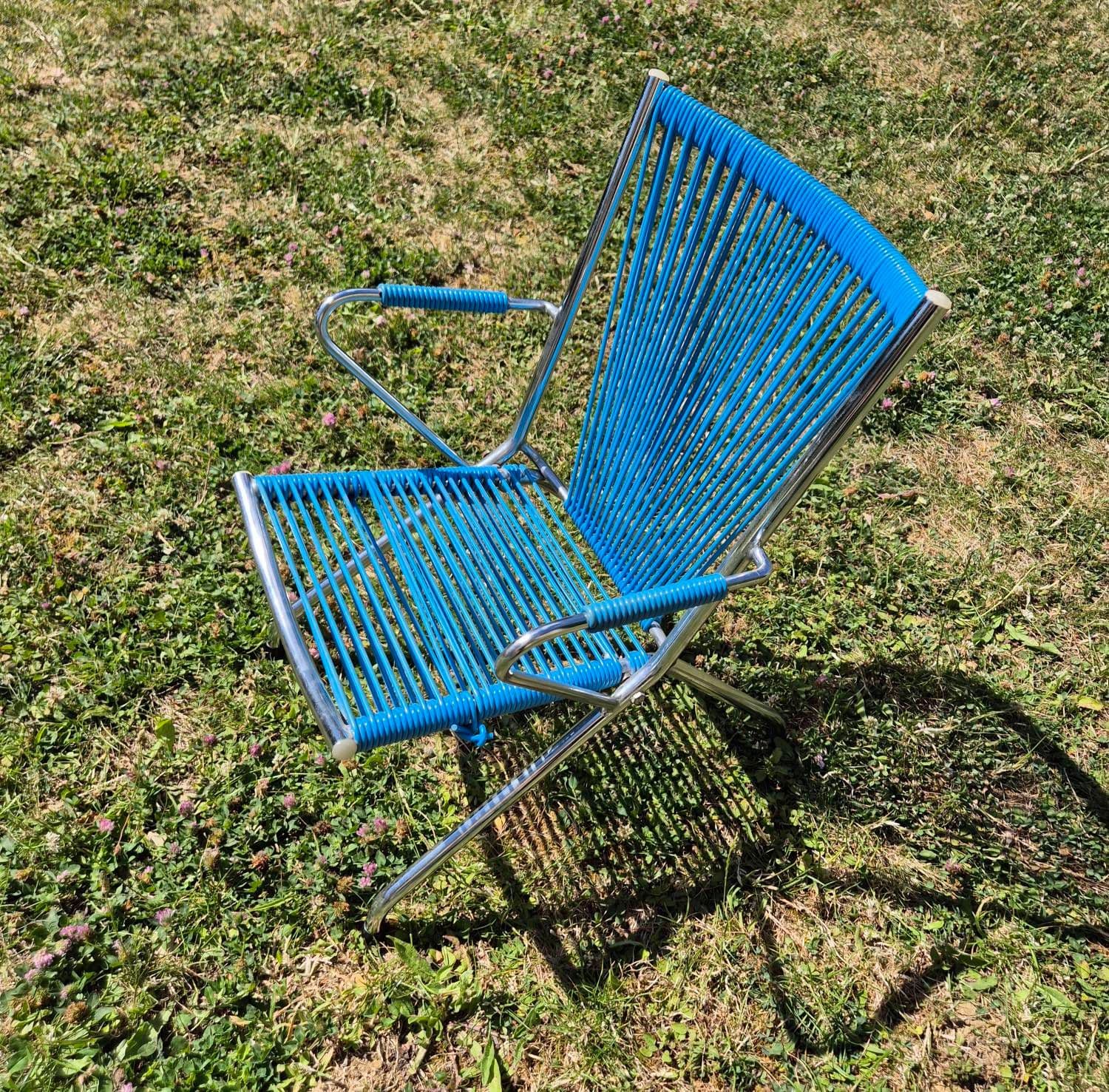 Chaise Scoubidou Enfant Vintage Structure Métal Chromé Et Assise Bleue Pliante Année 60/70