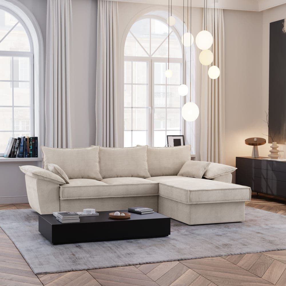 Canapé d'angle droit coffre convertible velours côtelé crème 257cm