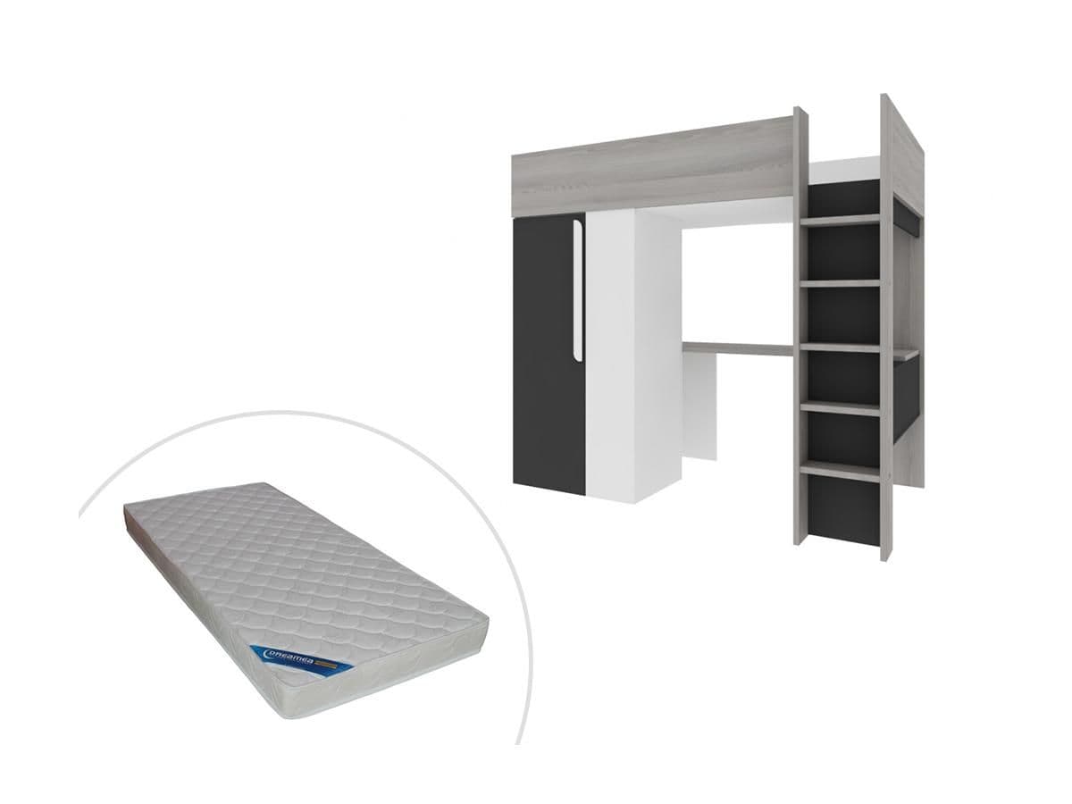 Lit mezzanine NICOLAS II - 90 x 200 cm - avec armoire et bureau - Anthracite et blanc + matelas