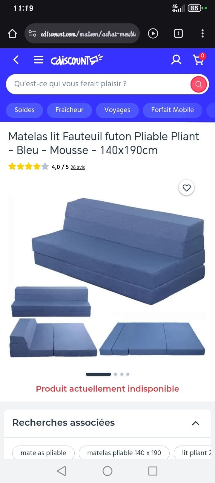 Chauffeuse canapé lit futon neuve couleur bleu 140x190 cm