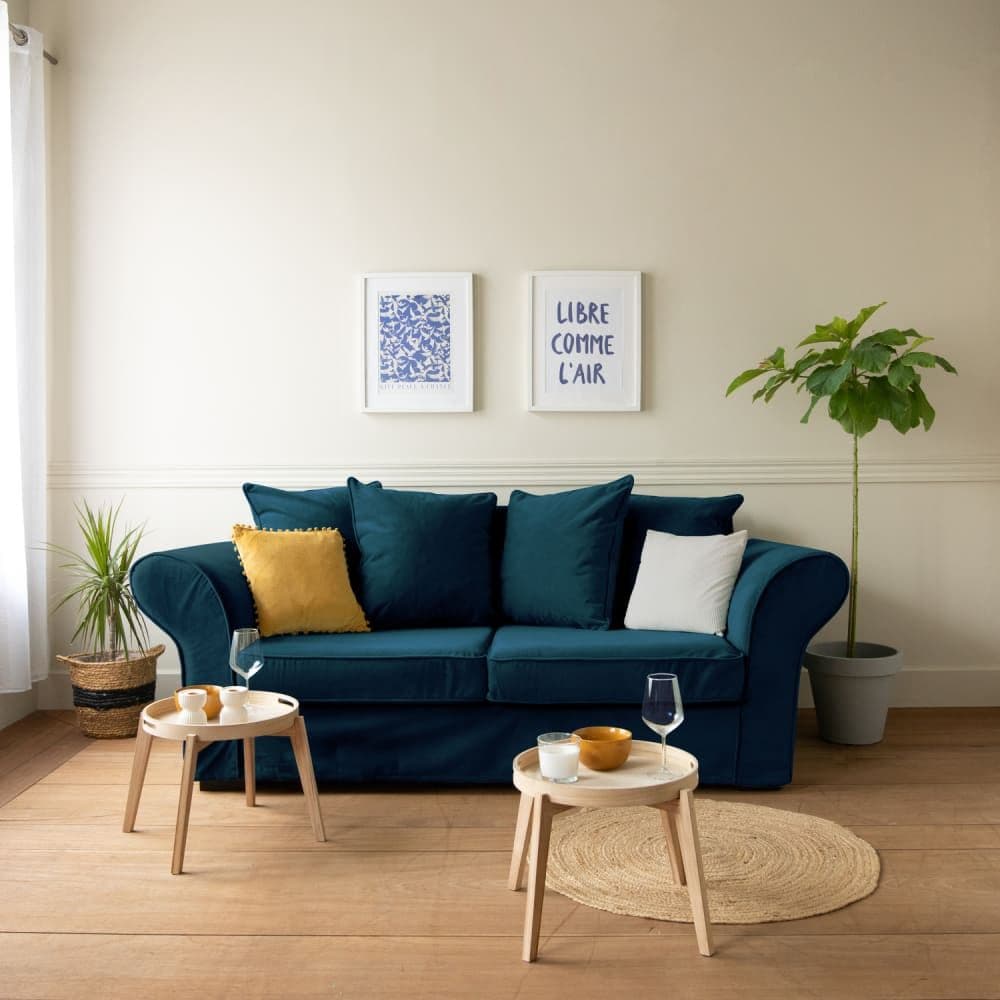 Canapé 3 Places Convertible En Velours Bleu Navy