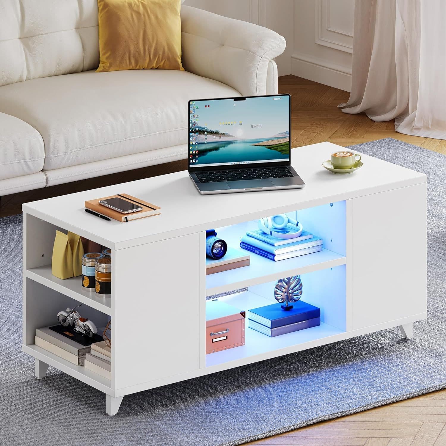 YITAHOME Table Basse de Salon Haute Brillance, Moderne Tables Basses à LED avec Etagère Ouverte et Etagère Réglable, Rectangulaire, Blanc, 97,5 x 48 x 45 cm