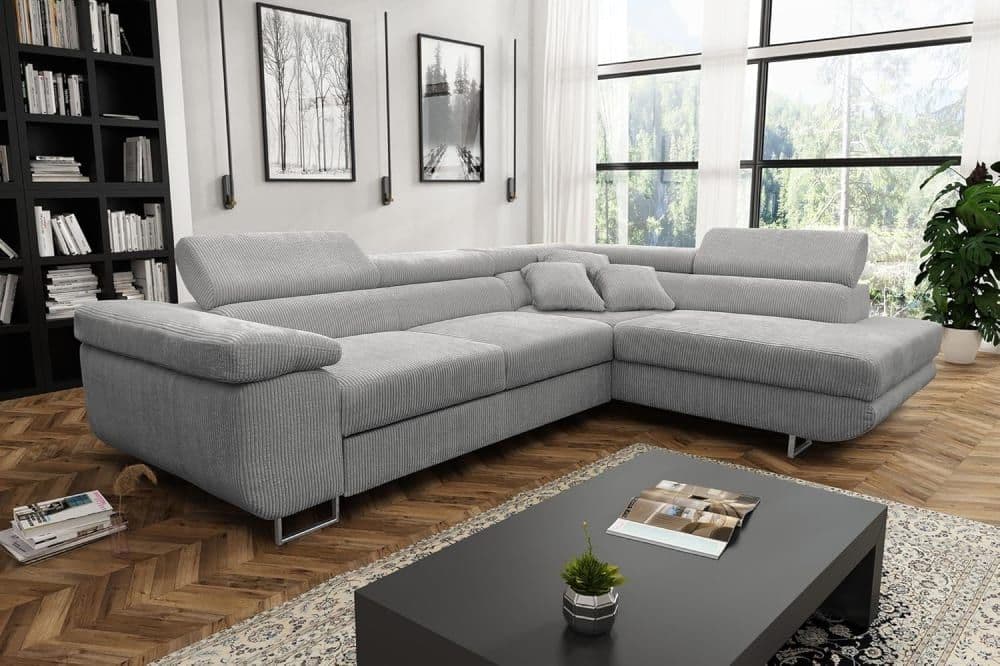 Canapé D'angle Convertible En Velours Côtelé Gris