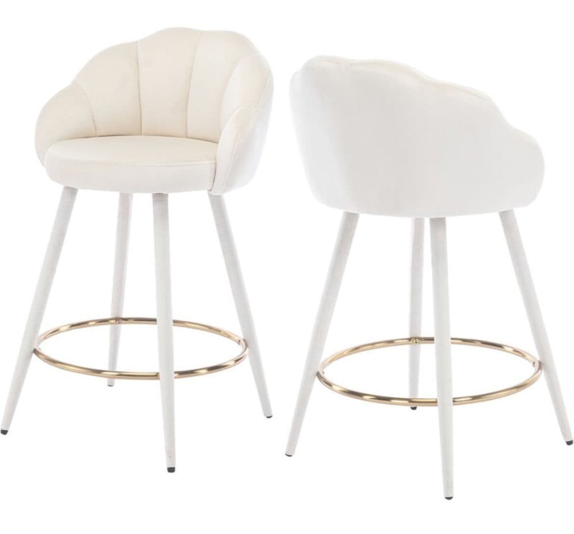 Lot de 2 tabouret de bar en velours blanc , siège rembourrés et en forme de coquillages
