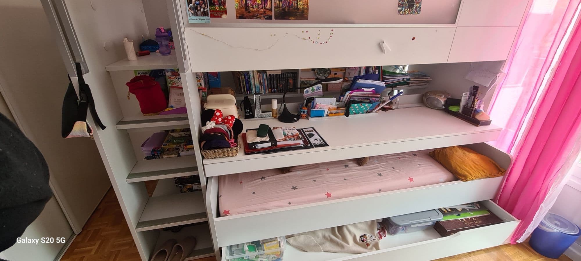 Lit haut trio Dimix Gautier + plan de travail + lit coulissant + tiroir de rangement