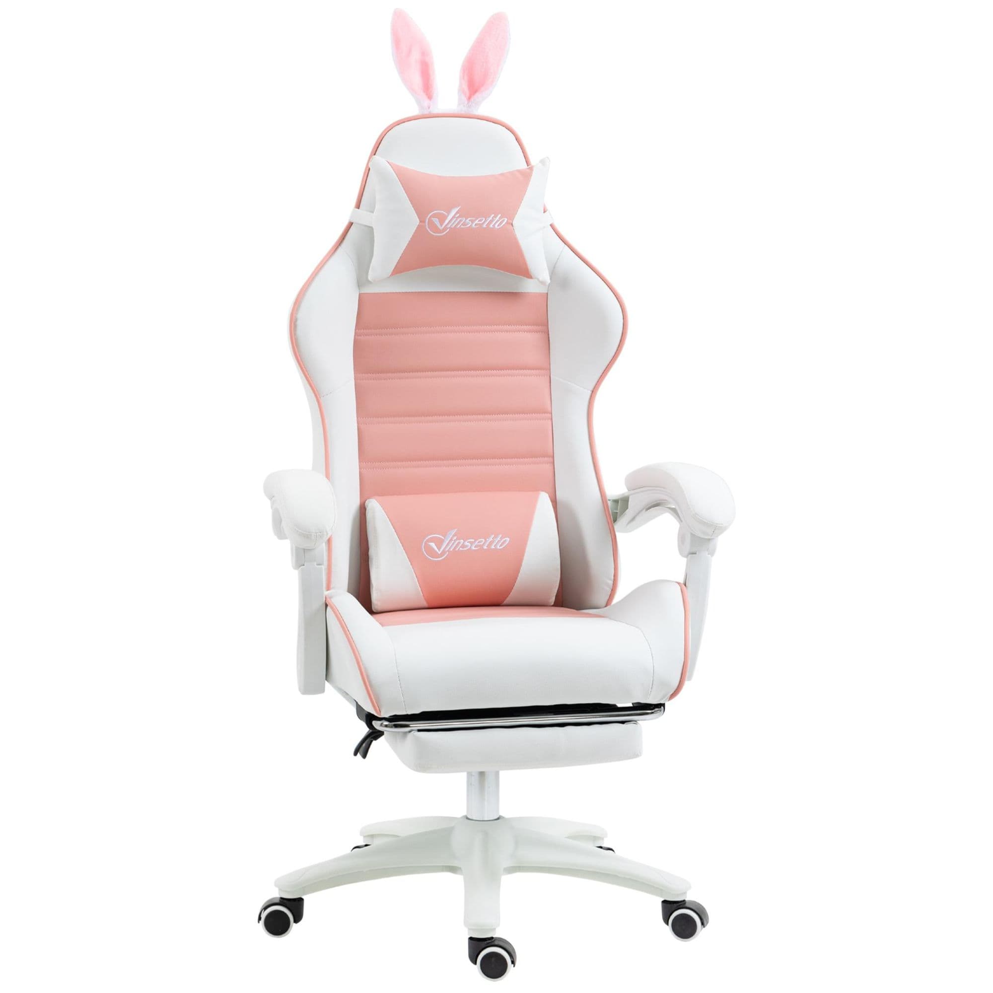 Chaise gaming fauteuil gamer inclinable réglable repose-pied rétractable oreilles de lapin amovibles rose blanc