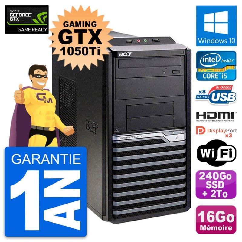 PC Acer M4630G Gaming GTX 1050 Ti i5-4570 RAM 16Go 240Go SSD + 2To Windows 10