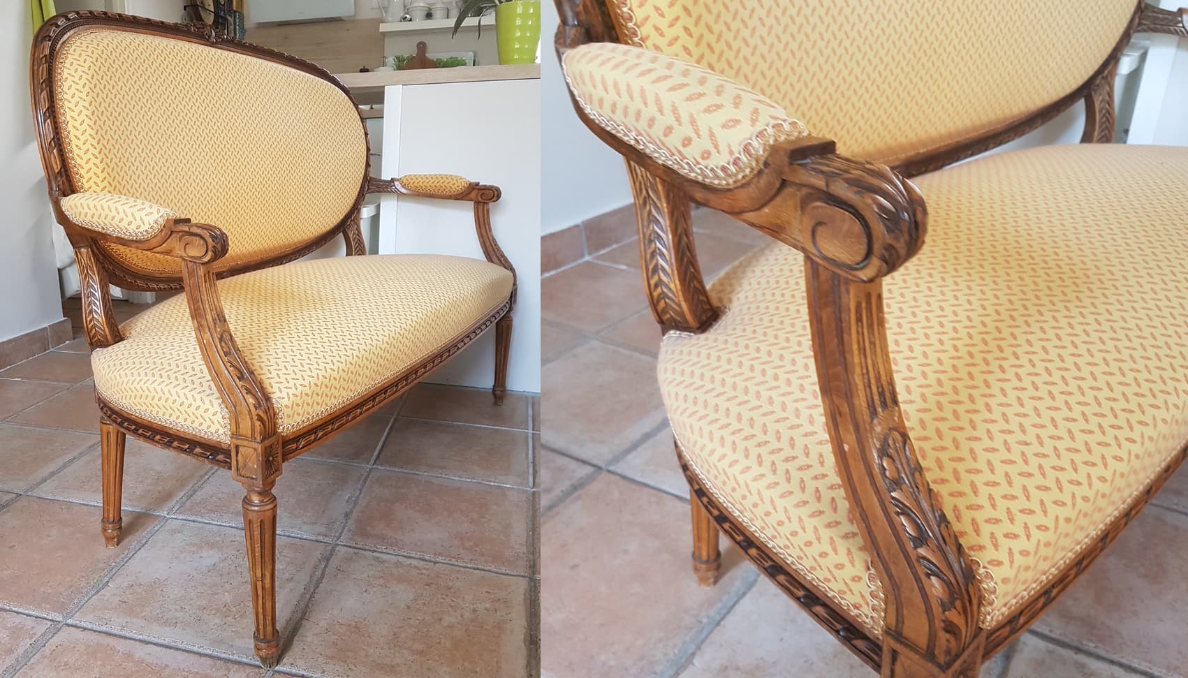 Salon Louis XVI entièrement restauré, composé d'un canapé et de trois fauteuils