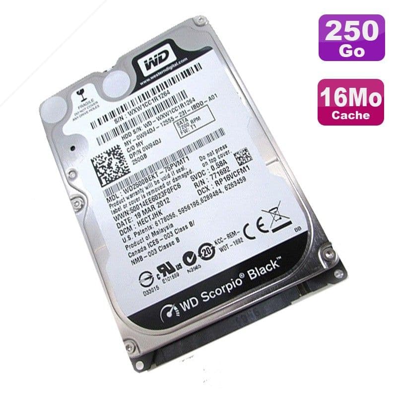 Disque Dur 250Go SATA 2.5" WD WD2500BEKT-75PVMT1 Black Scorpio 16Mo 7200RMP