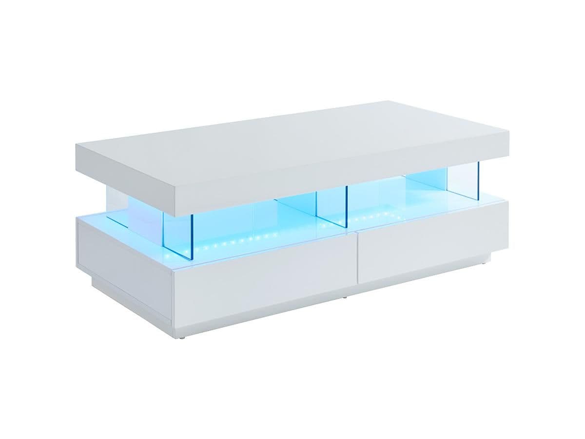Table basse FABIO - MDF laqué - LEDs - 2 tiroirs & 2 niches - blanc
