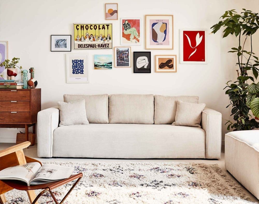 Canapé Droit Convertible 3 Places En Velours Côtelé Beige