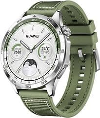 Huawei Watch GT 4 46 mm silber am gewobenen Stoffarmband grün