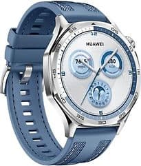 Huawei Watch GT 5 46 mm Edelstahlgehäuse silber am gewebten Armband blau