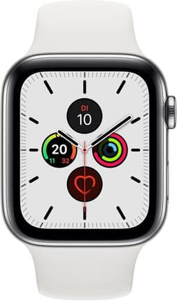 Apple Watch Series 5 (2019) 44 mm rostfritt stål GPS + Cellular silver vitt sportarmband