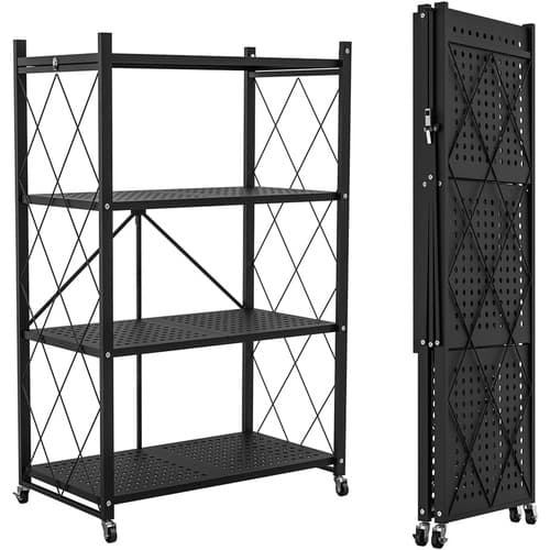 4-Tier Foldable Storage Rack Shelf with Castor Wheels - 48in x 13in x 28in - Black