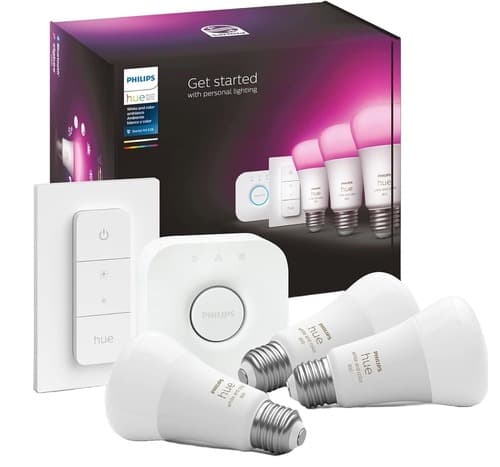 Philips Hue 556704 LED Starter Kit with Bridge and Dimmer Switch - 3x A19 White and Color Ambience Bulbs