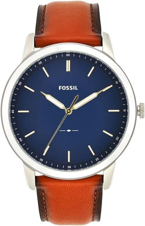Fossil FS5304 Minimalist 44MM Slim 3-Hand Brown Leather Mens Watch With Blue Dial - White