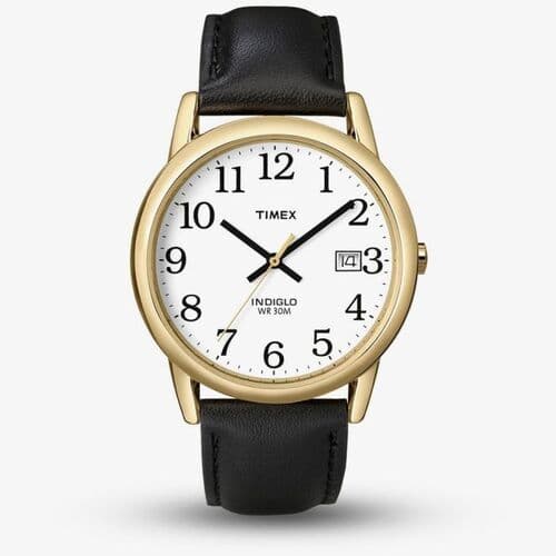 Timex Easy Reader T2H291 35 Millimeter Leather Strap Watch - Black / Gold - Quartz Analog - 30 Meters Water Resistance - White Dial - Polished Finish