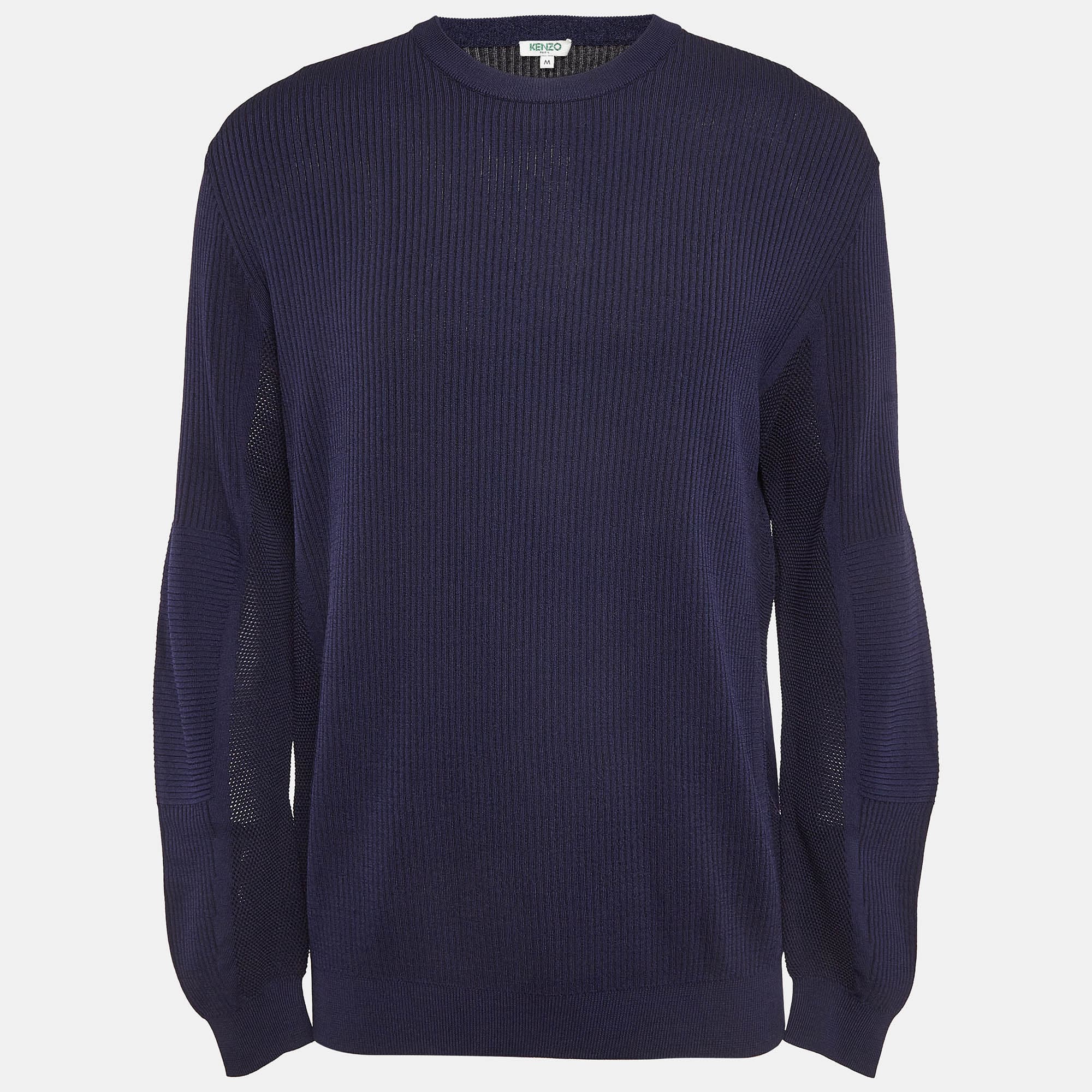 Kenzo Navy Blue Logo Intarsia Rib Knit Sweater M
