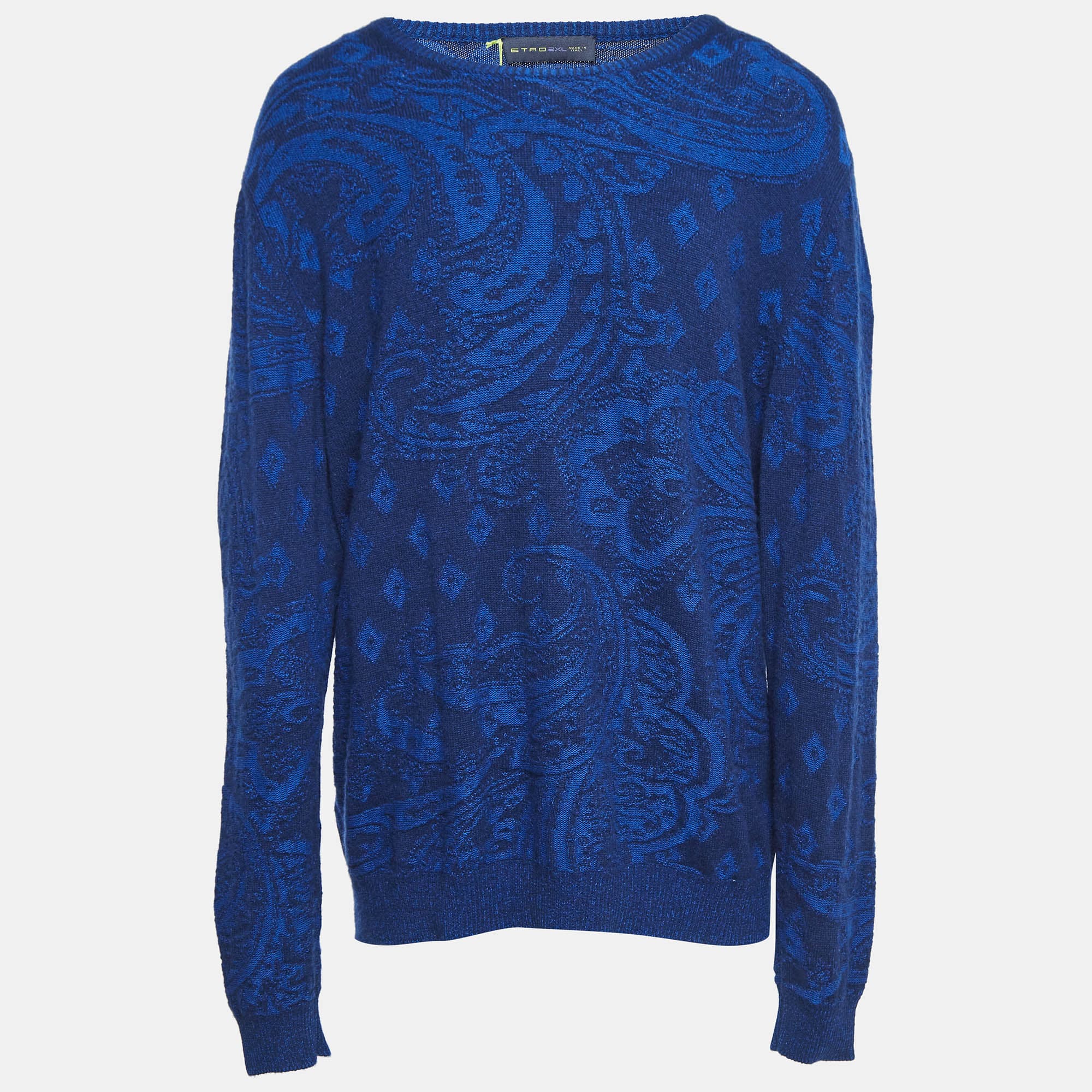 Etro Blue Paisley Knit Crew Neck Sweater XXL