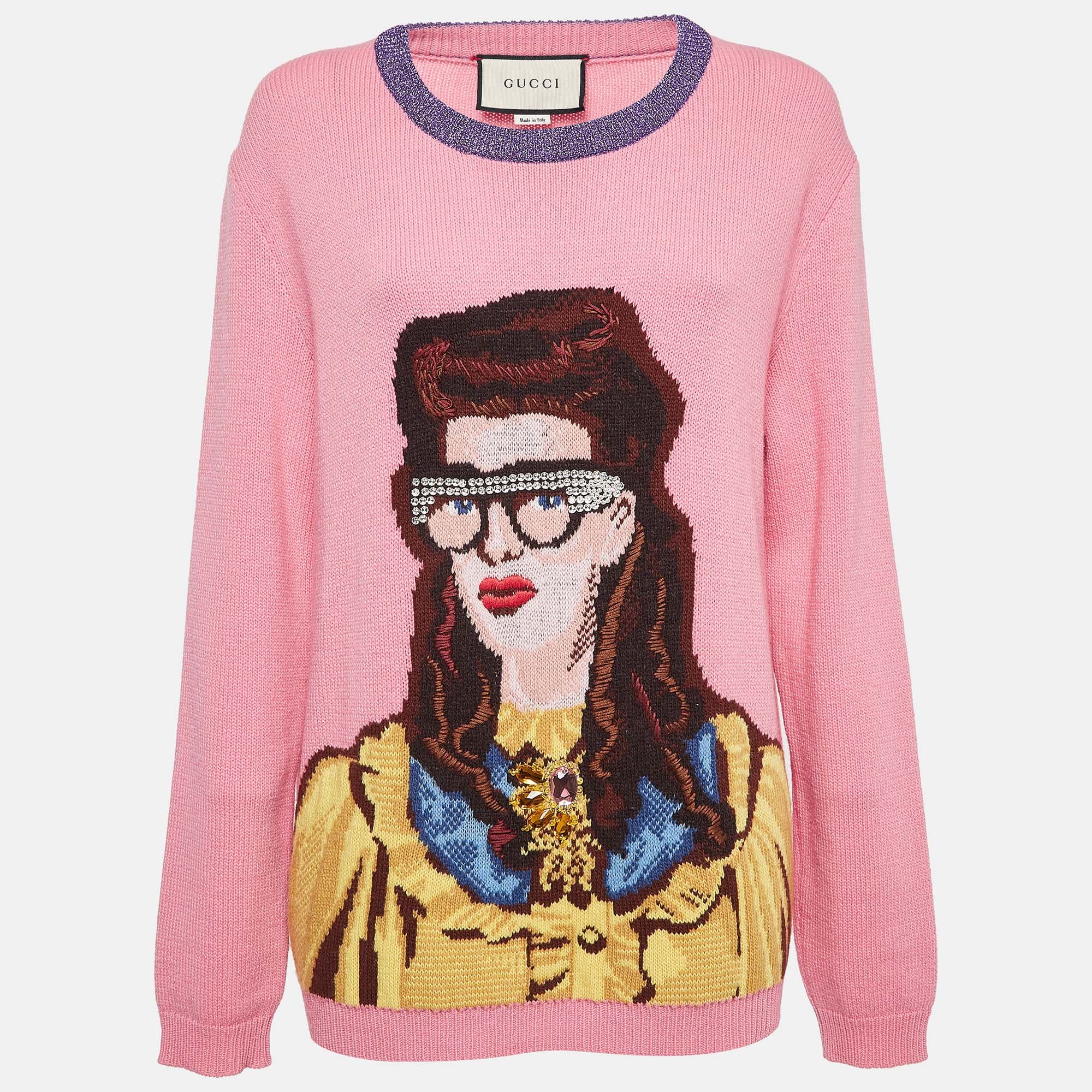 Gucci Pink Embellished & Patterned Wool Knit Sweater XL