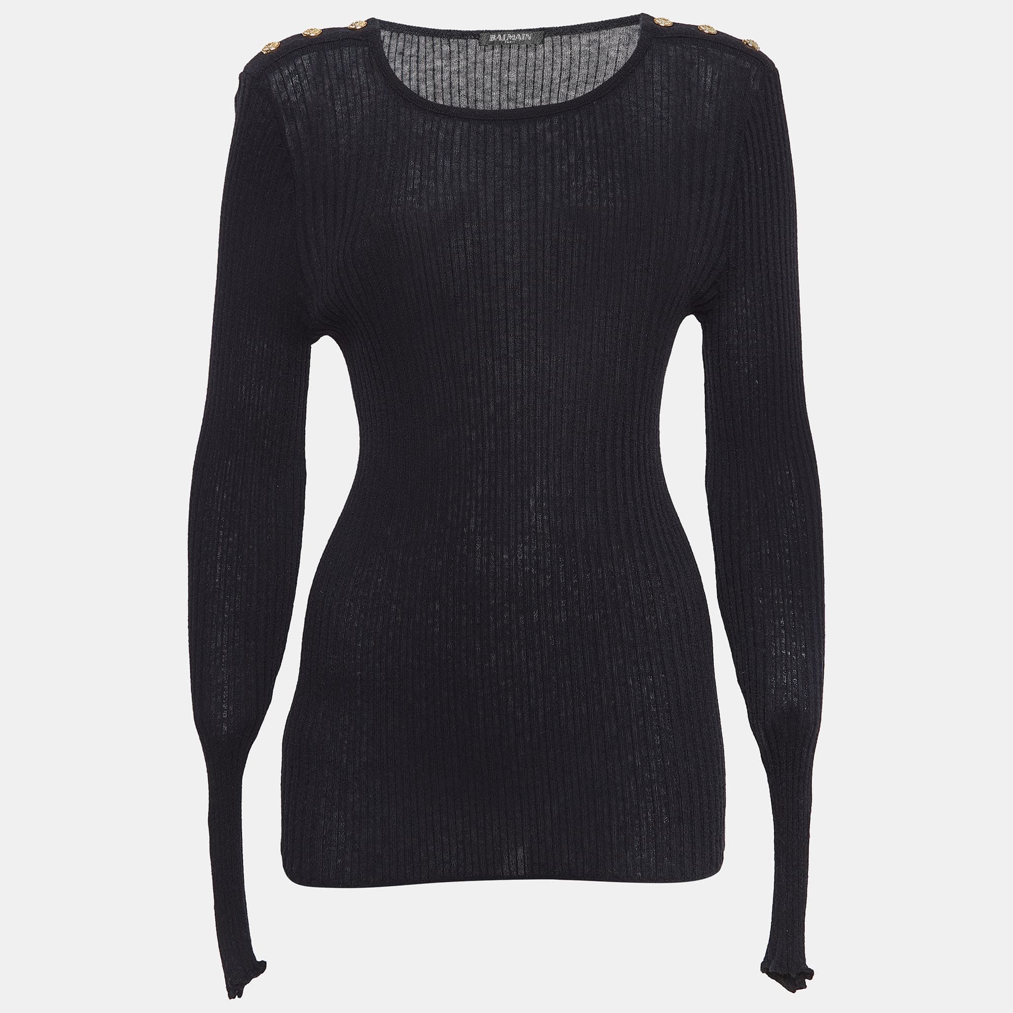 Balmain Black Rib Knit Button Detail Sweater M