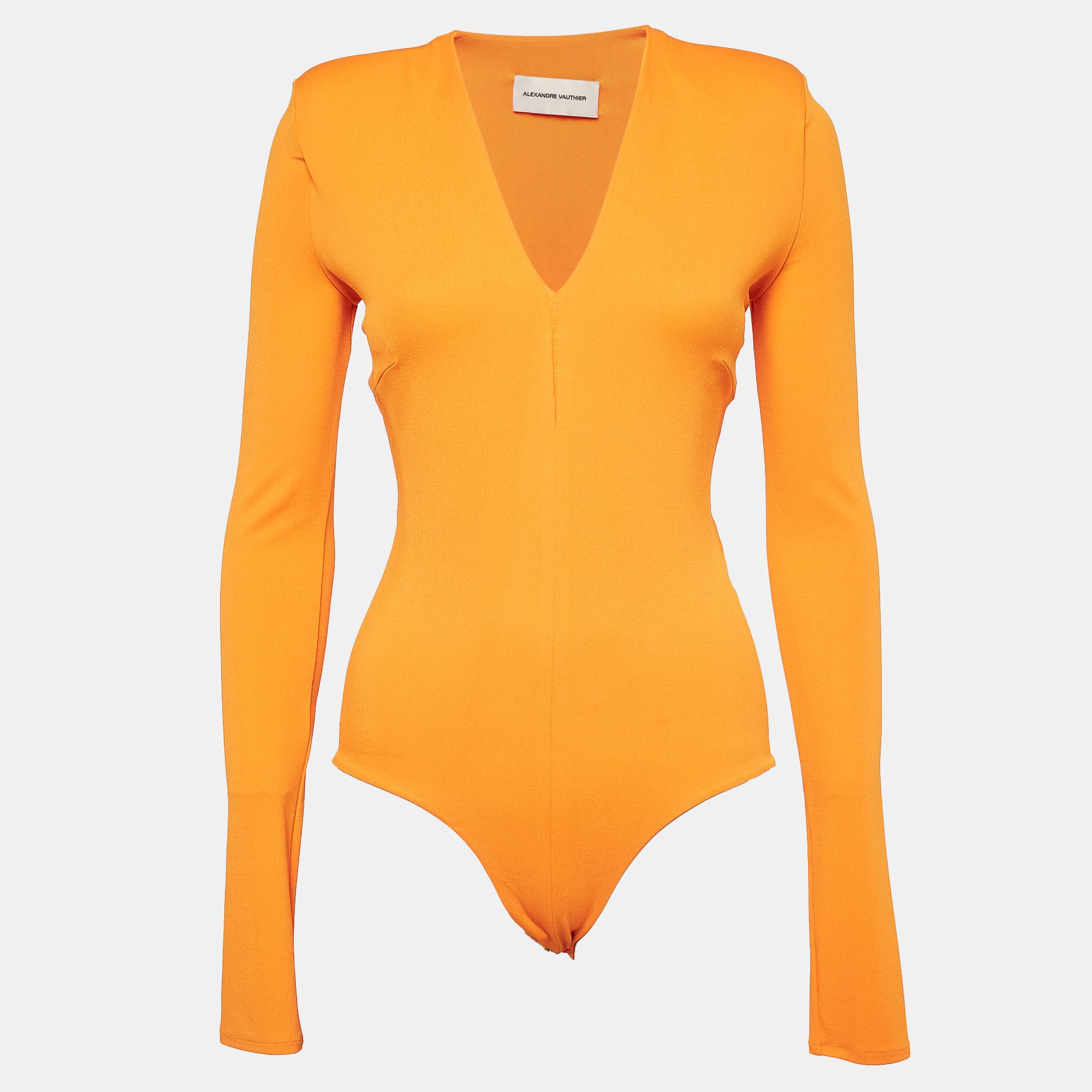 Alexandre Vauthier Orange Jersey V-Neck Bodysuit M