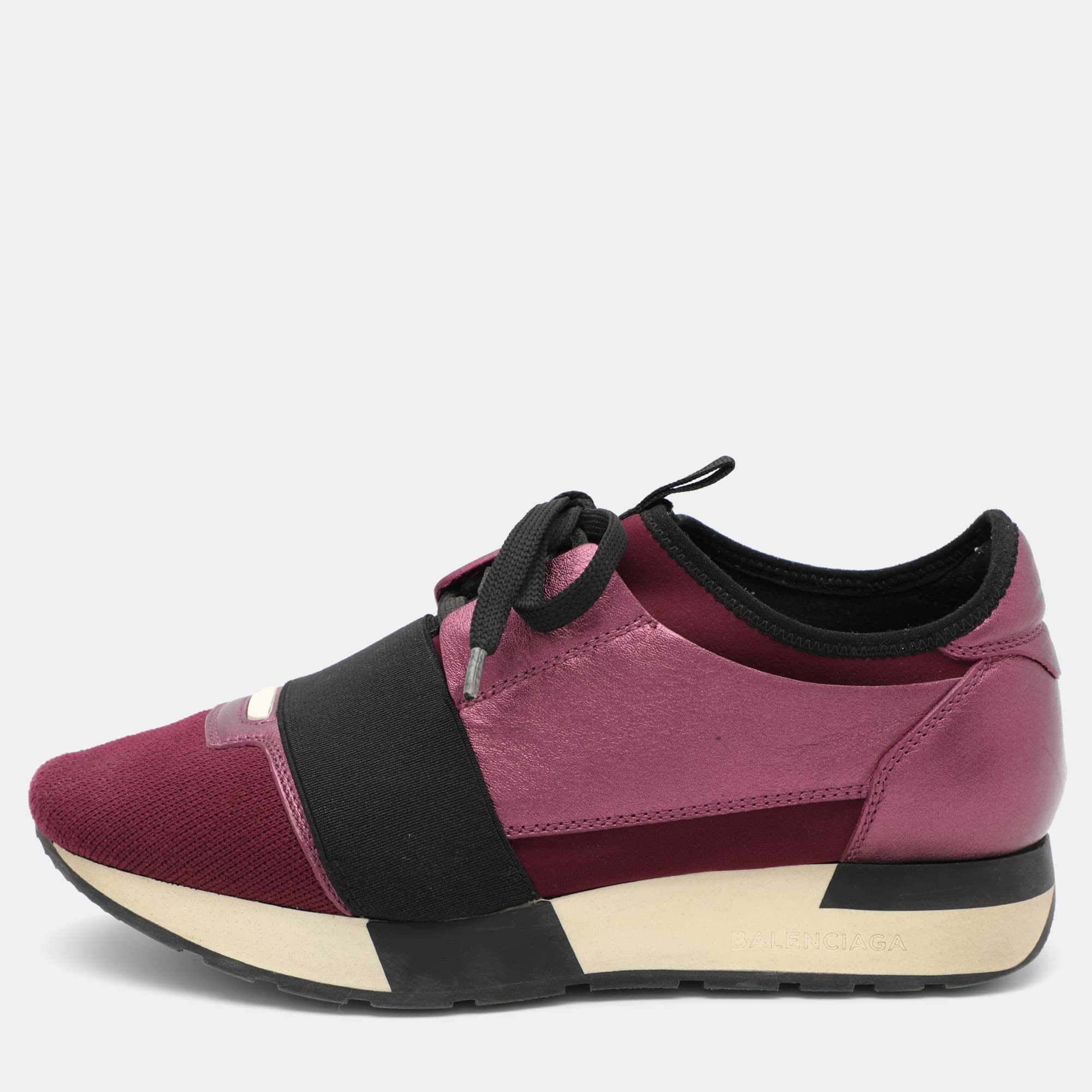 Balenciaga Purple Knit Fabric and Leather Race Runner Sneakers Size 36