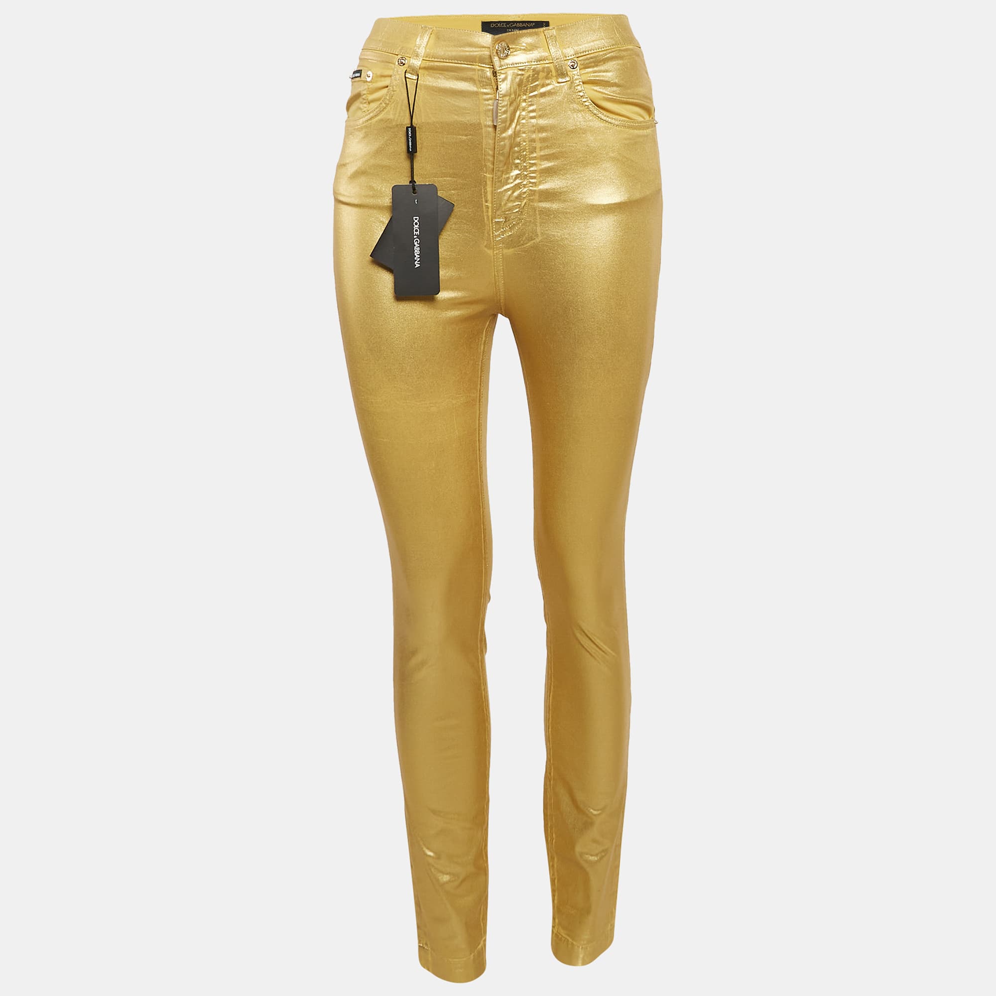 Dolce & Gabbana Metallic Gold Coated Cotton Grace Skinny Pants S