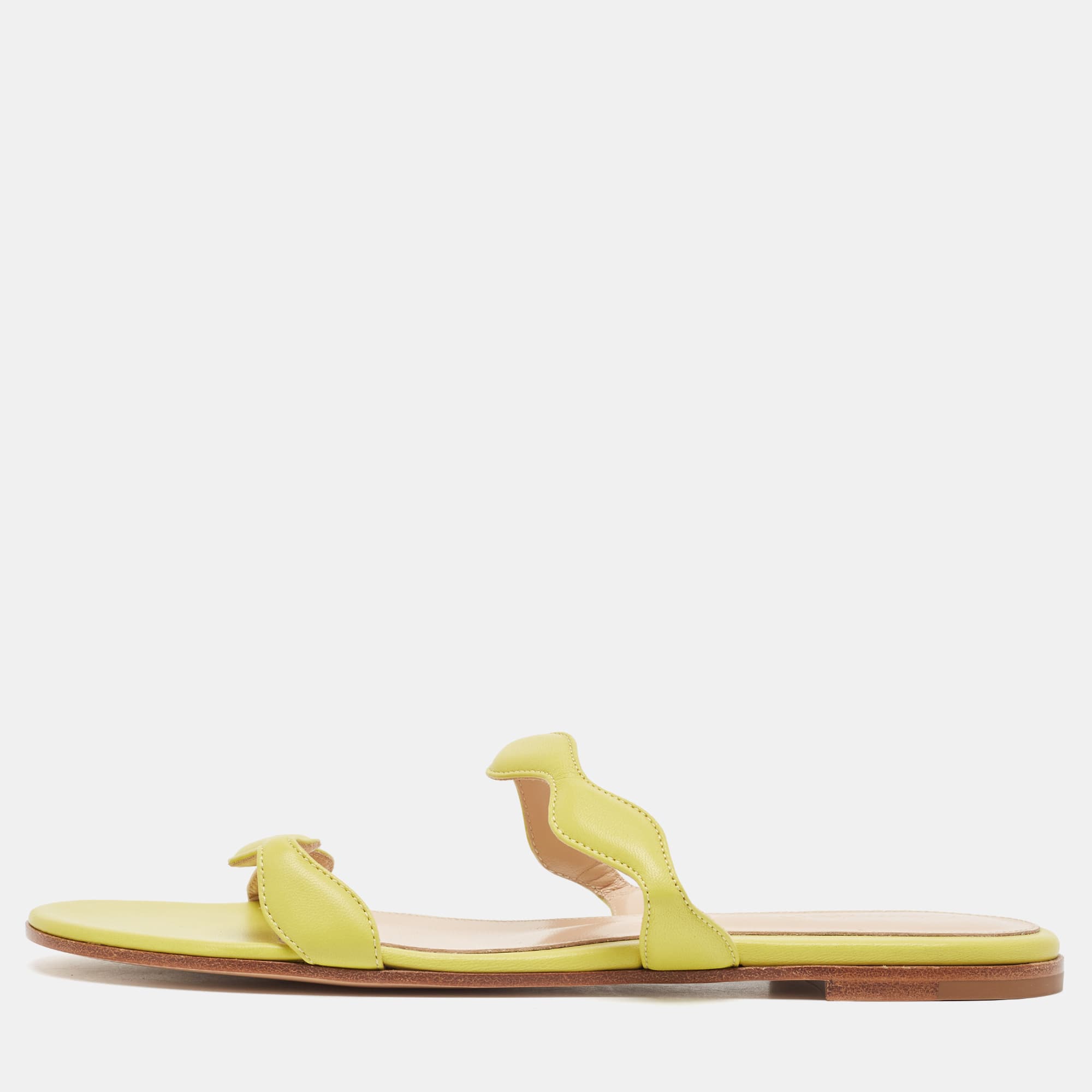 Gianvito Rossi Green Leather Wavy Flat Slides Size 38