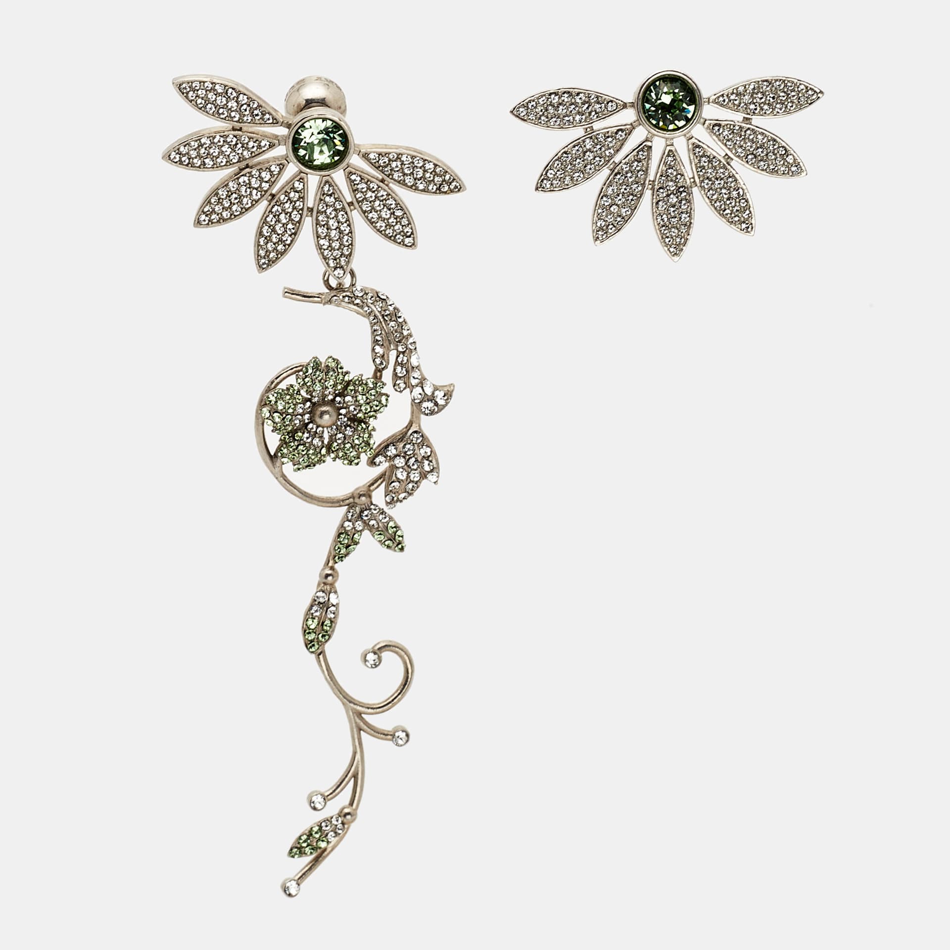 Burberry Half Daisy Crystal Silver Tone Clip-on Asymmetric Stud Drop Earrings