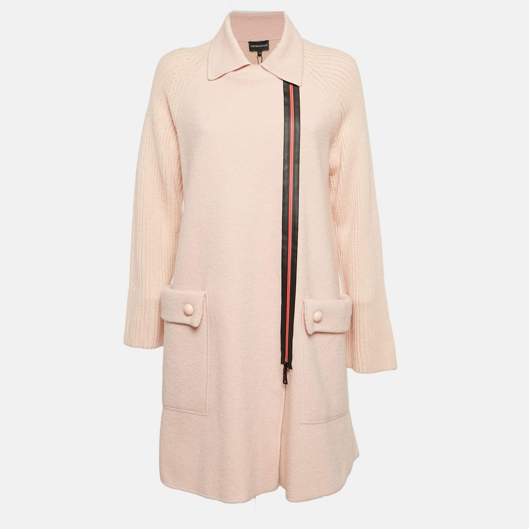 Emporio Armani Pink Virgin Wool Knit Zip-Up Coat S