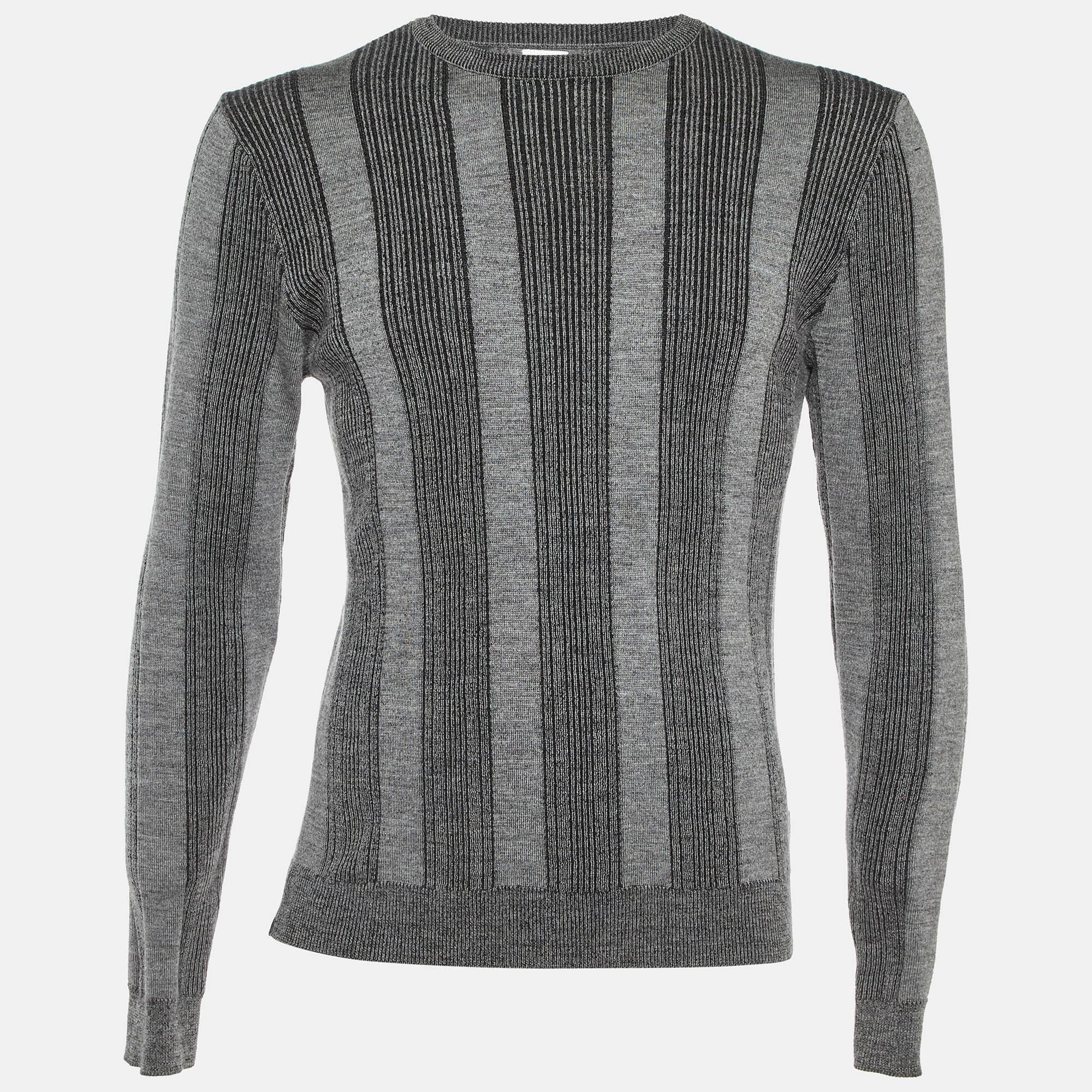 Armani Collezioni Grey Striped Wool Knit Sweater M