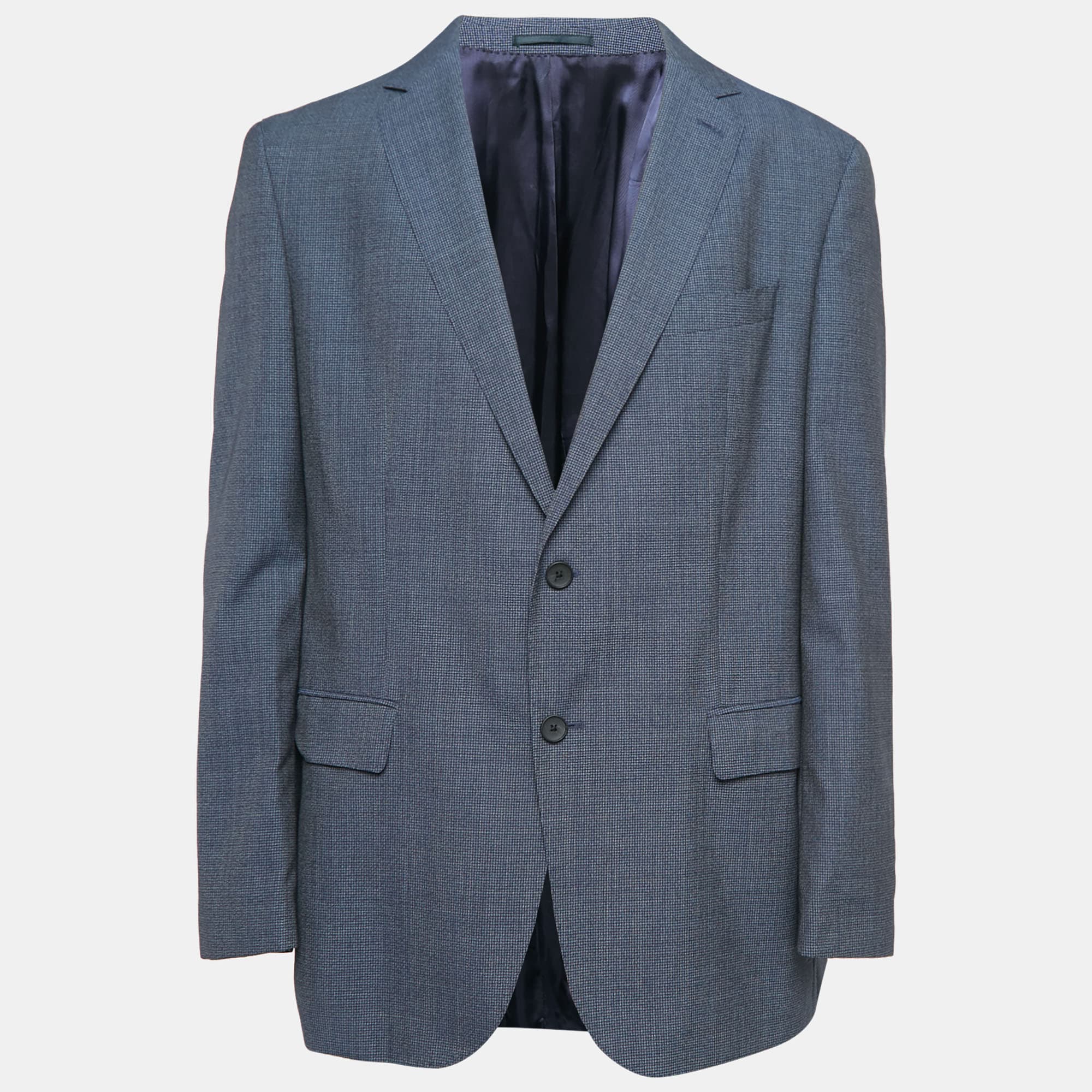 Boss By Hugo Boss Blue Patterned Virgin Wool Single Breasted Blazer S