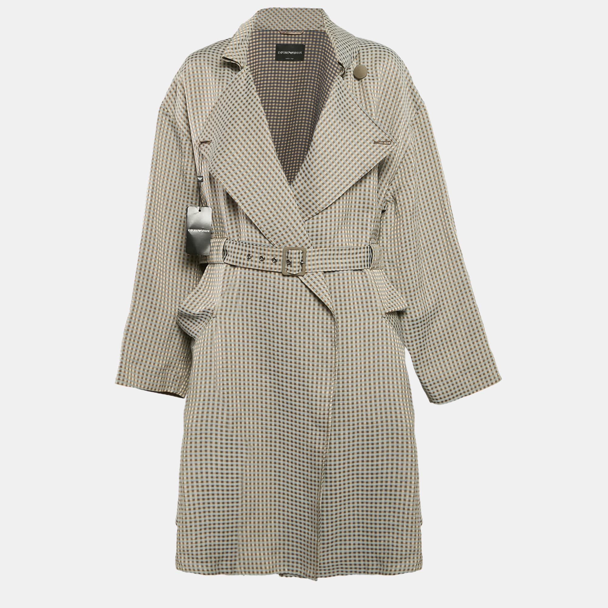 Emporio Armani Beige Gingham Linen Blend Trench Coat L