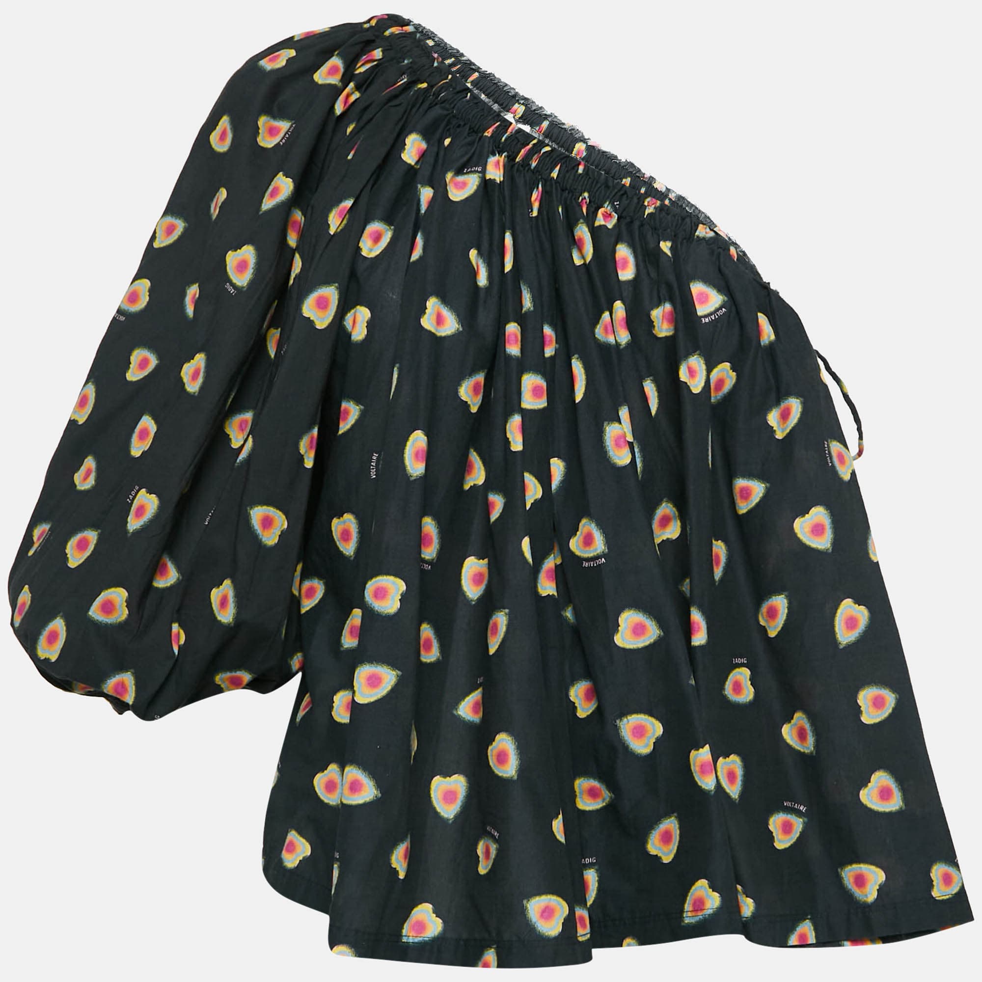 Zadig & Voltaire Black Hearts Print Cotton One Shoulder Coeur Top L