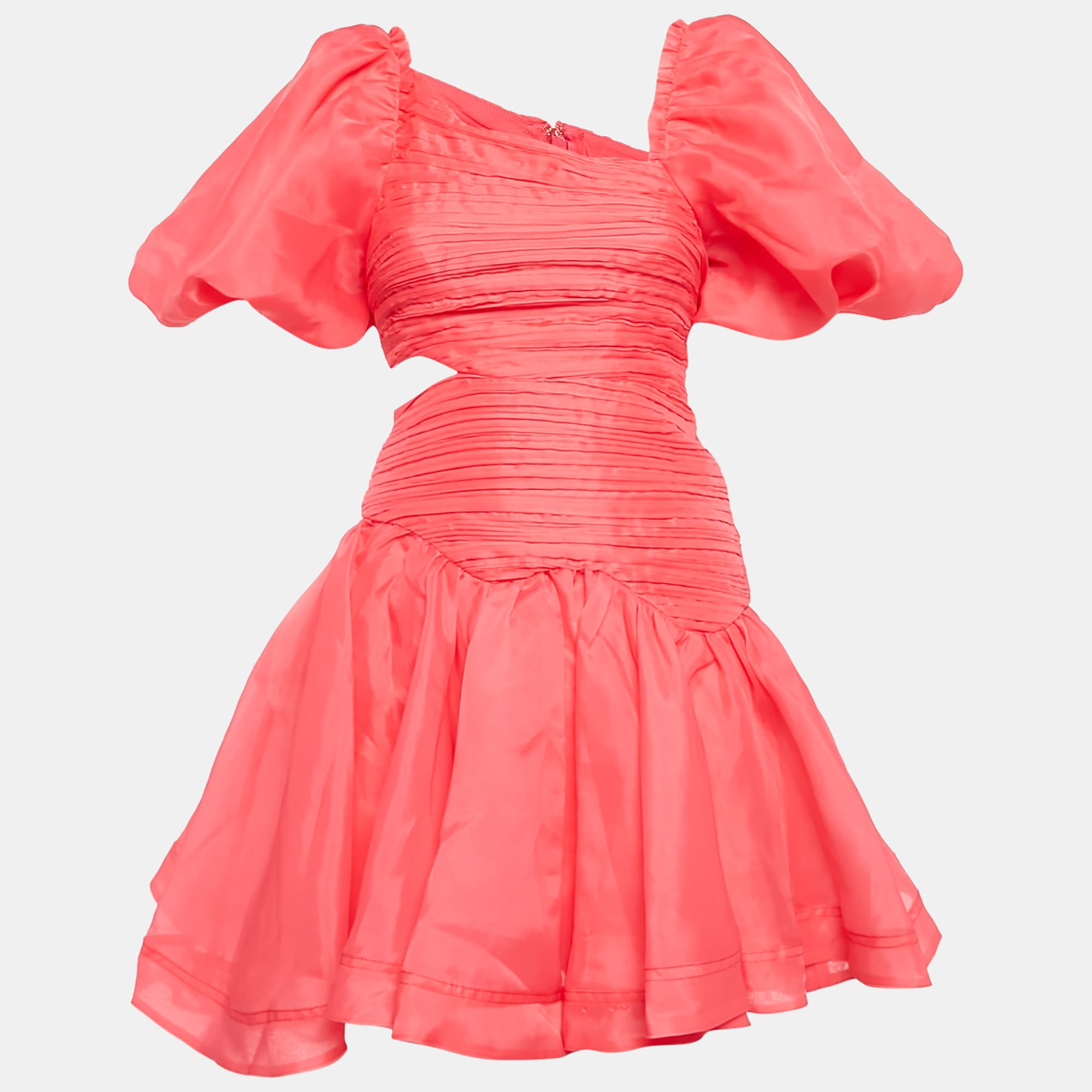 Aje Pink Pintucks Organza Puff Sleeve Mini Dress S
