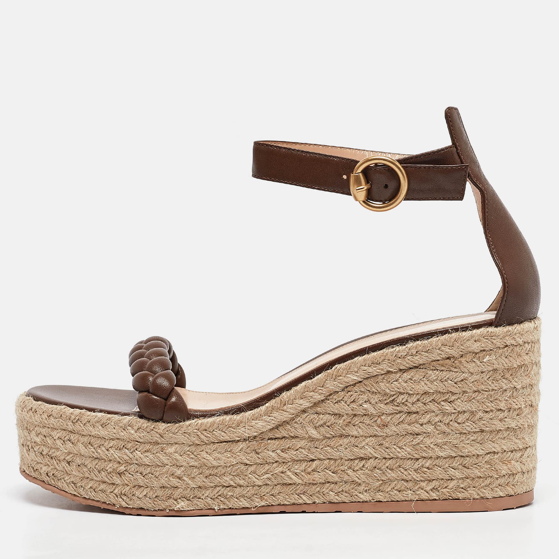 Gianvito Rossi Brown Braided Leather Merida Espadrille Wedge Sandals Size 40.5
