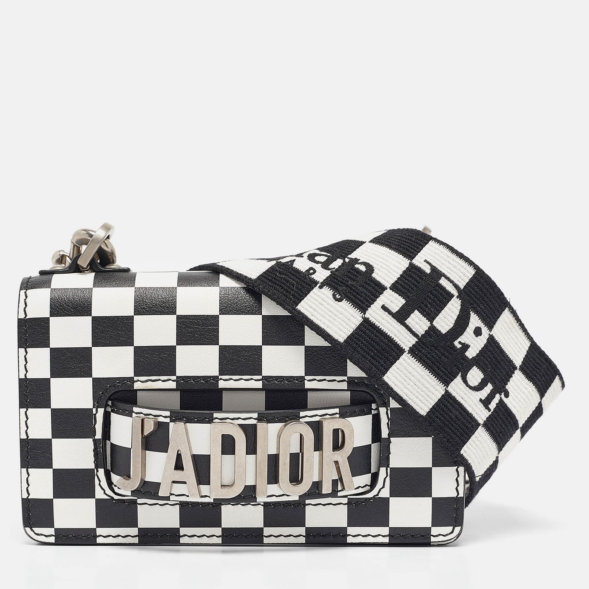 Dior Black/White Leather Mini Checkered J'Adior Crossbody Bag