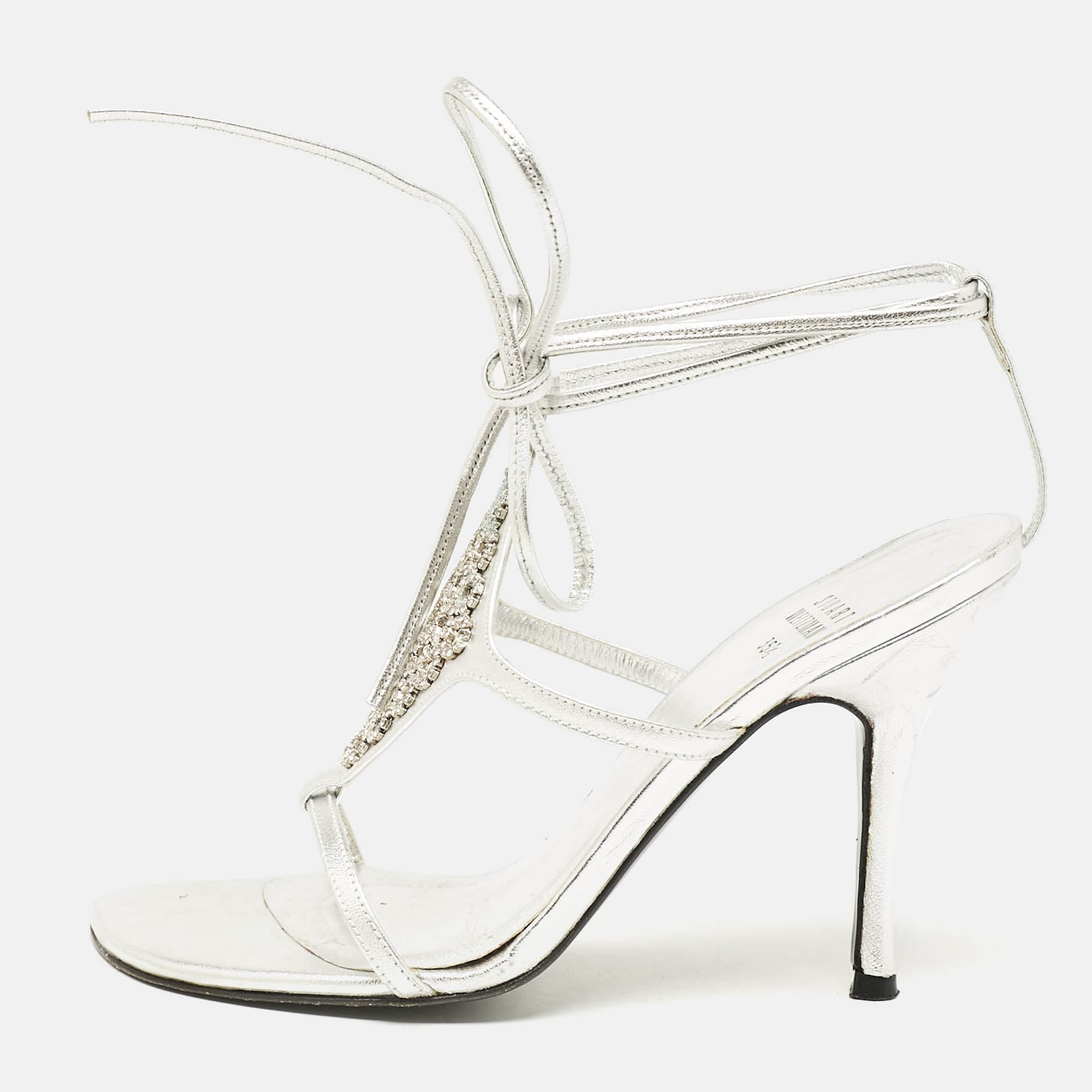Stuart Weitzman Silver Leather Crystal Embellished Ankle Strap Sandals Size 35.5