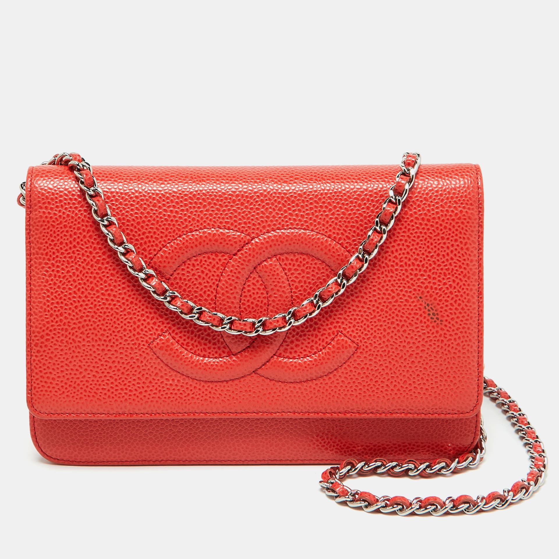 Chanel Orange Caviar Leather Timeless CC Wallet On Chain