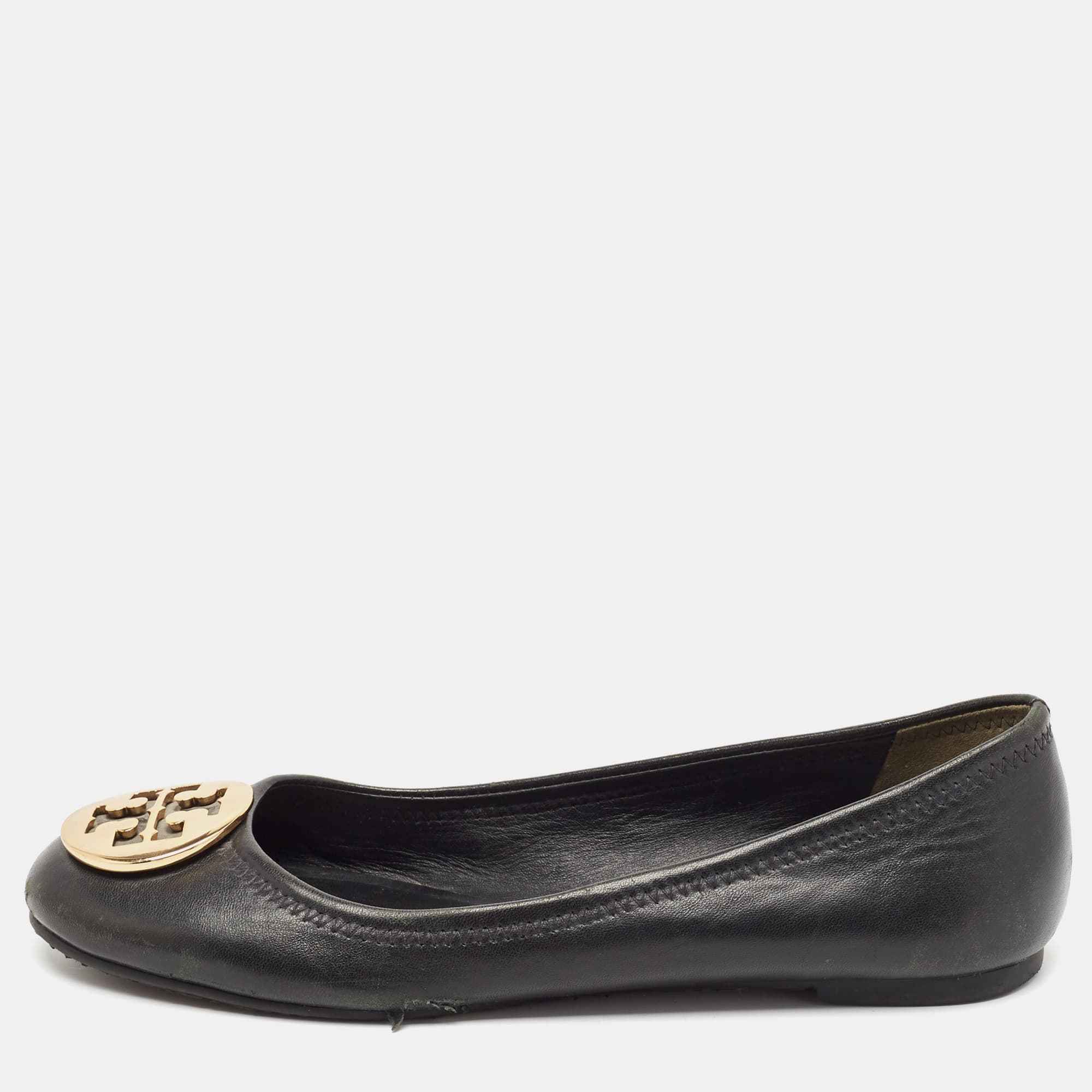 Tory Burch Black Leather Reva Ballet Flats Size 38.5