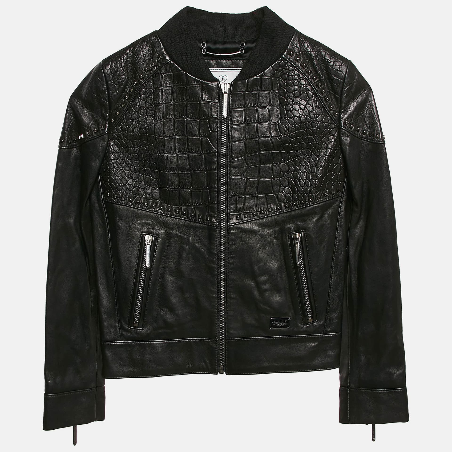Philipp Plein Junior Black Crocodile Textured Leather Stud Detail Biker Jacket 8 Yrs