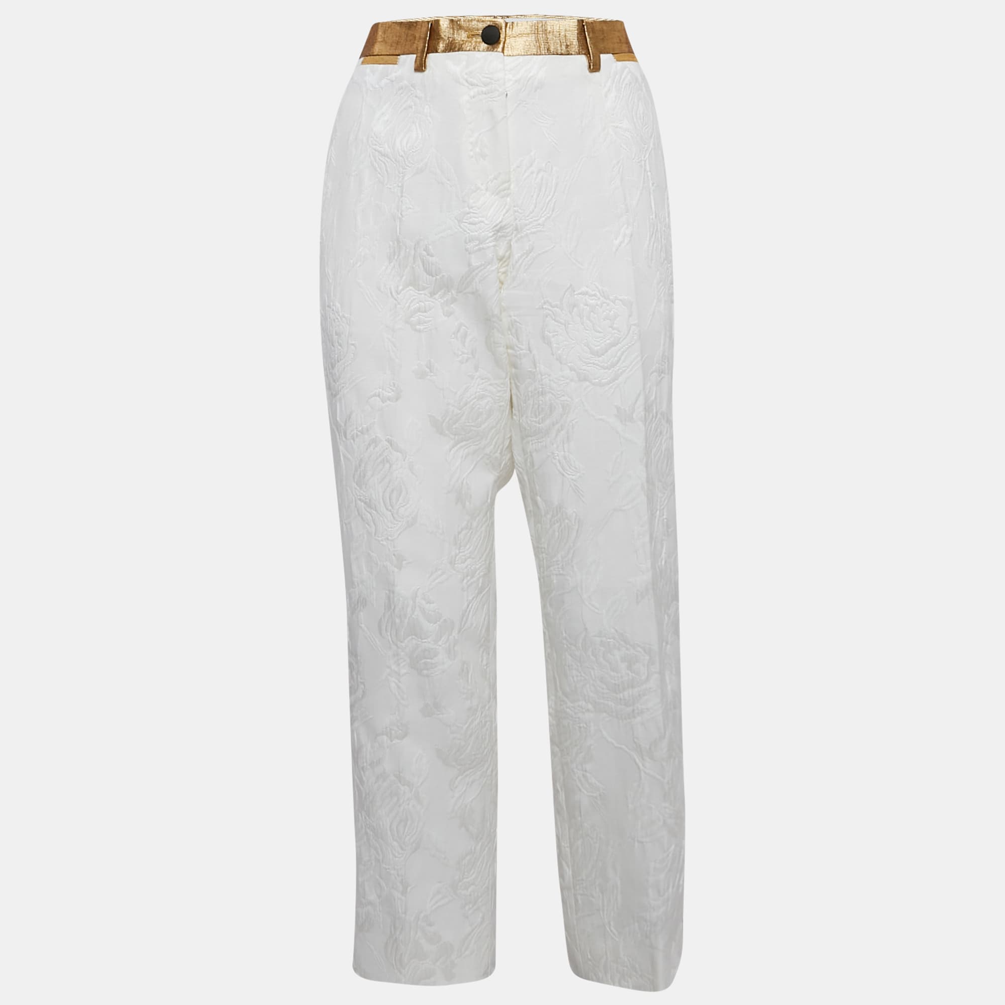 Dolce & Gabbana White Floral Jacquard Contrast Trimmed Trousers M